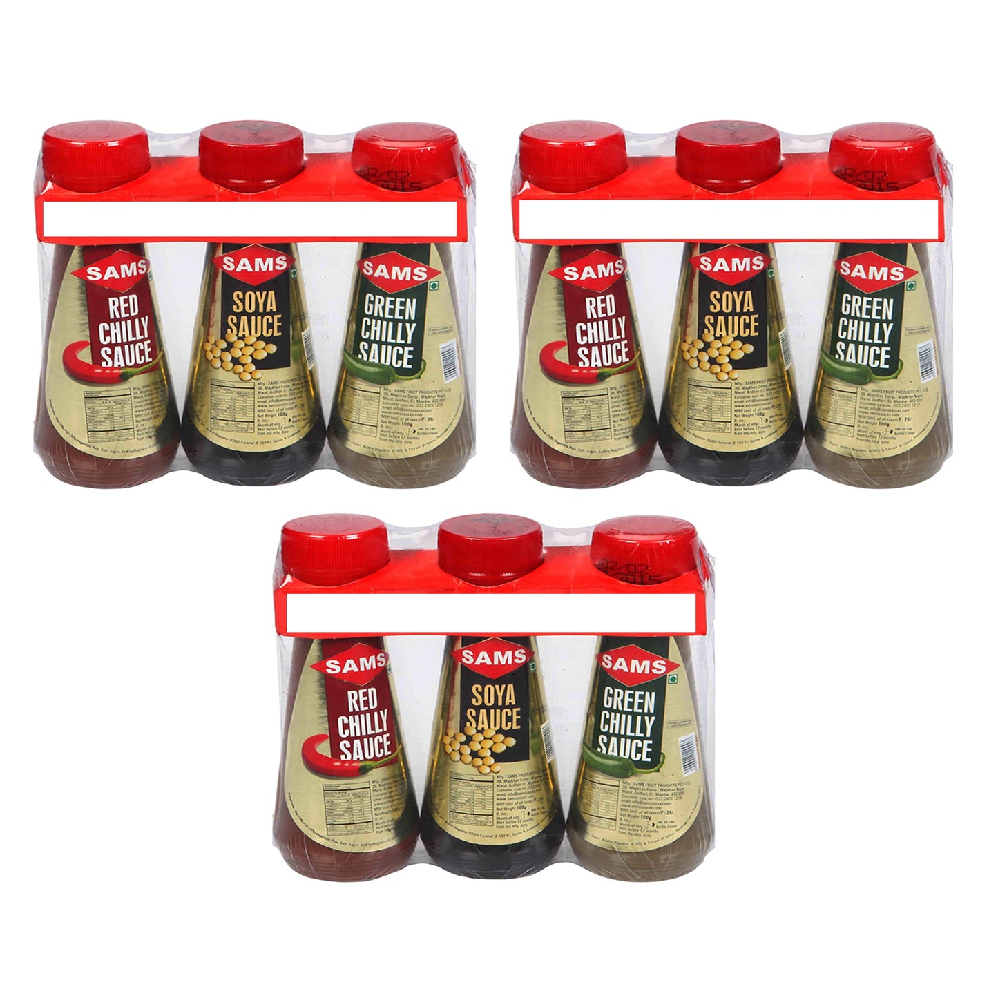 Sams Red Chilli Sauce 100gram, Green Chilli Sauce 100gram, Dark Soya Sauce 100gram, Combo Pack 3