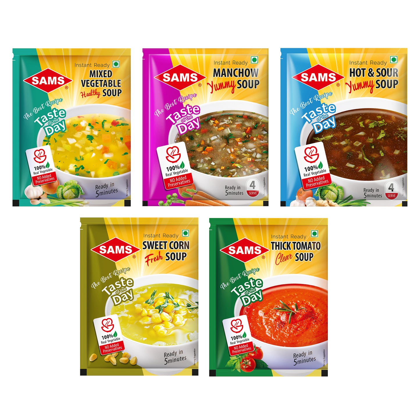 SAMS Instant Ready Soup Variety Pack, Mixed Vegetable, Manchow, Hot & Sour, Sweet Corn, Tomato, 100% Vegetarian, No Added Preservatives, Ready in 5 Minutes