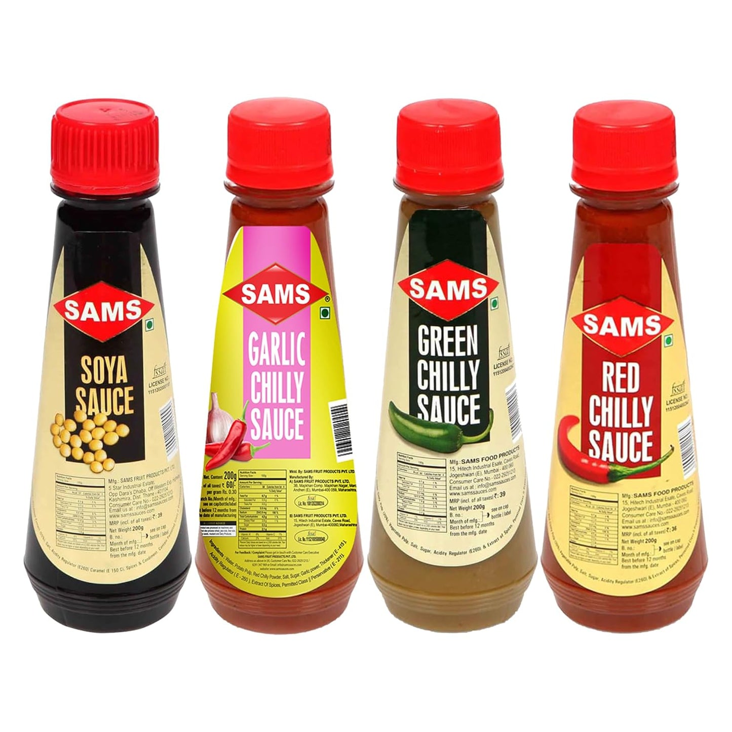 Sams 200gm Pack of Red Chilly Sauce, Green Chilly Sauce, Garlic Sauce, Soya Bean Sauce Combo Pack for Meal Sauces for Serving Cooking Chinese Asian Recipes