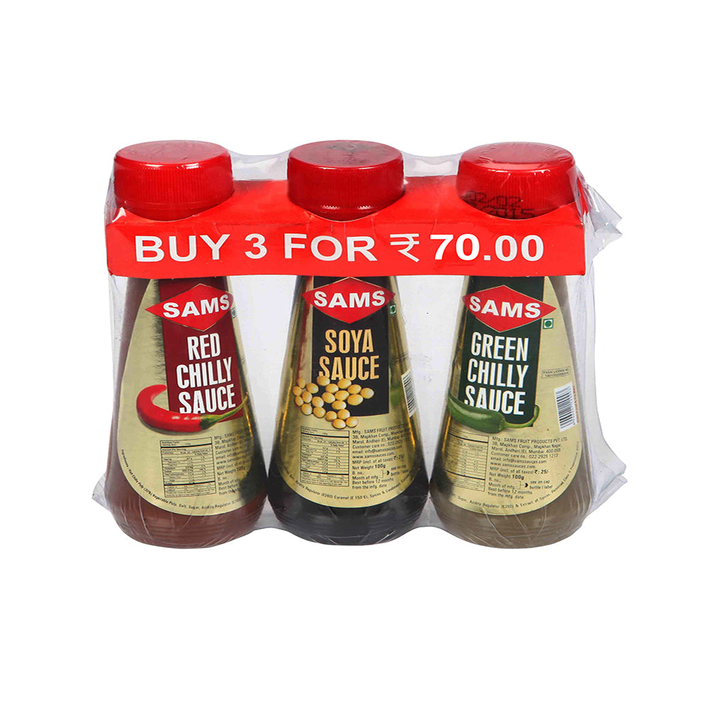 Sams Red Chilli Sauce 100gram, Green Chilli Sauce 100gram, Dark Soya Sauce 100gram, Combo Pack 3