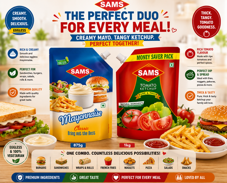 SAMS Veg Mayonnaise 875g + Tomato Ketchup 1kg Combo | Creamy Eggless Mayo & Rich Tomato Ketchup | Perfect for Sandwiches, Burgers, Fries & Snacks