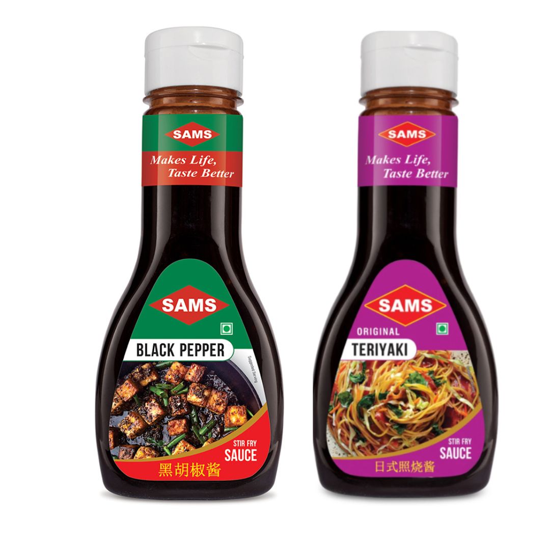 Sams Teriyaki Sauce 360g and Black Pepper Sauce 300g Gourmet Sauces for Adding Taste and Flavour to Home Cooked Meals, Veg