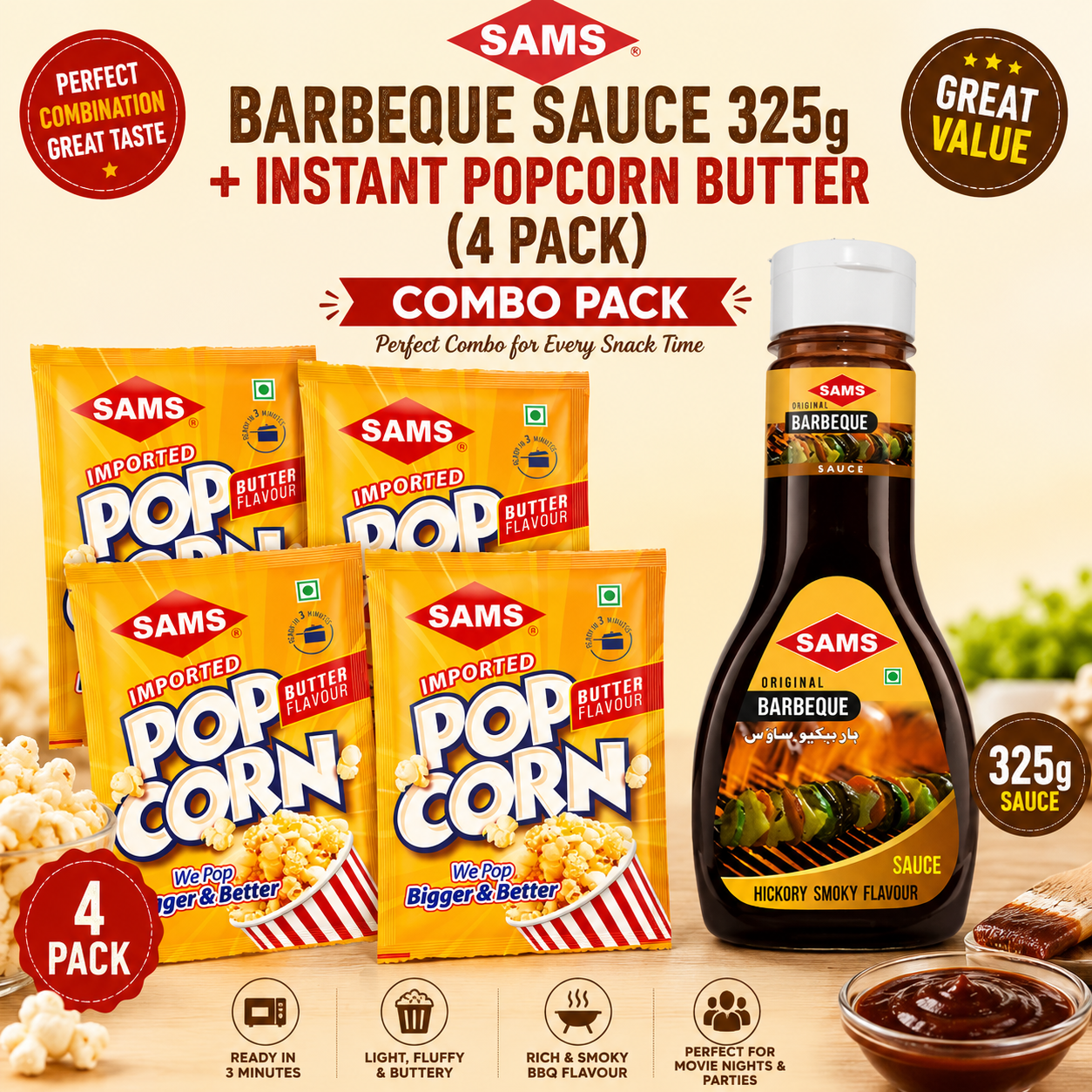 Sams Barbeque Sauce 325g + Instant Butter Popcorn (4 Pack) Combo | Smoky BBQ Sauce & Ready-to-Make Microwave Popcorn | Snack Combo