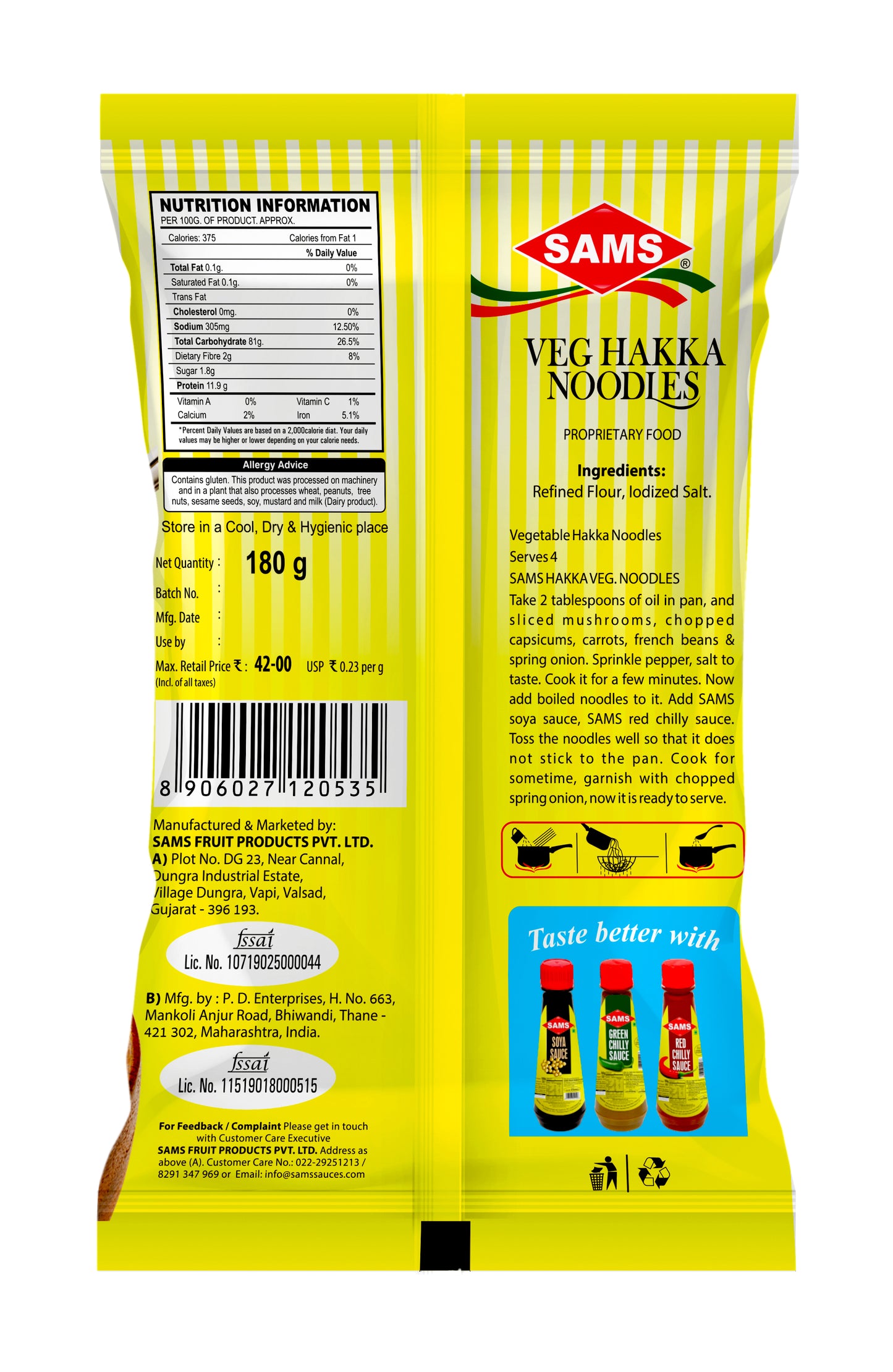 Sams Hakka Veg Noodles With Taste maker Black Single 180g pack of 7