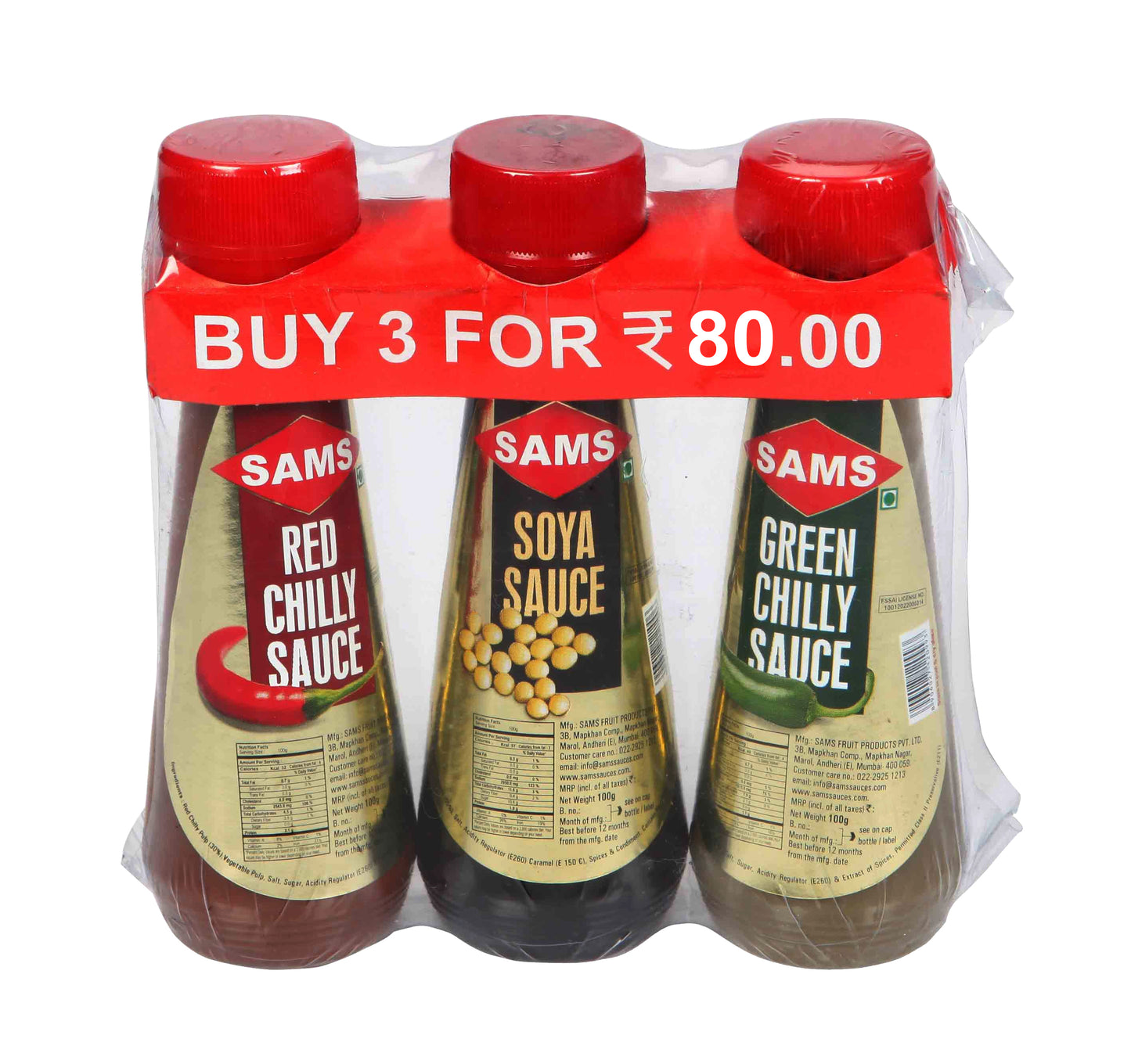 Sams Red Chilly, Green Chilly & Soya Sauce  (3 sauces combo)