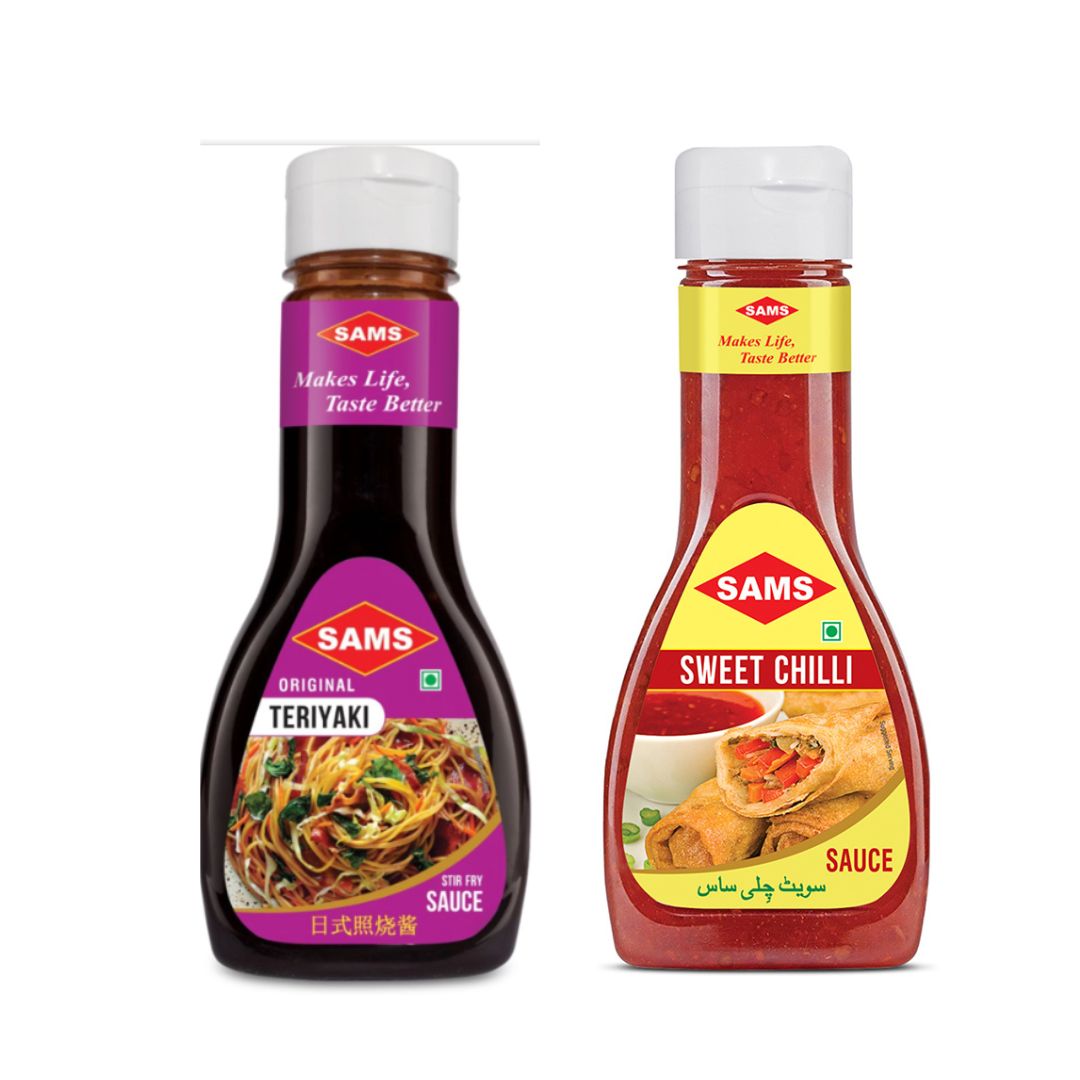 Sams Sweet Chilly Sauce 380g and Teriyaki Sauce 360g Gourmet Sauces for Adding Taste and Flavour to Home Cooked Meals, Veg