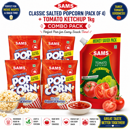 Sams Tomato Ketchup 1kg + Instant Salted Popcorn (4 Pack) Combo | Tangy Tomato Ketchup & Ready-to-Make Microwave Popcorn | Snack Value Pack