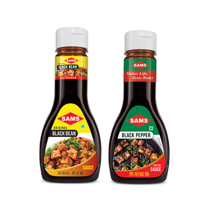 Sams Black Bean Sauce 330g and Black Pepper Sauce 300g Gourmet Sauces for Adding Taste and Flavour to Home Cooked Meals, Veg