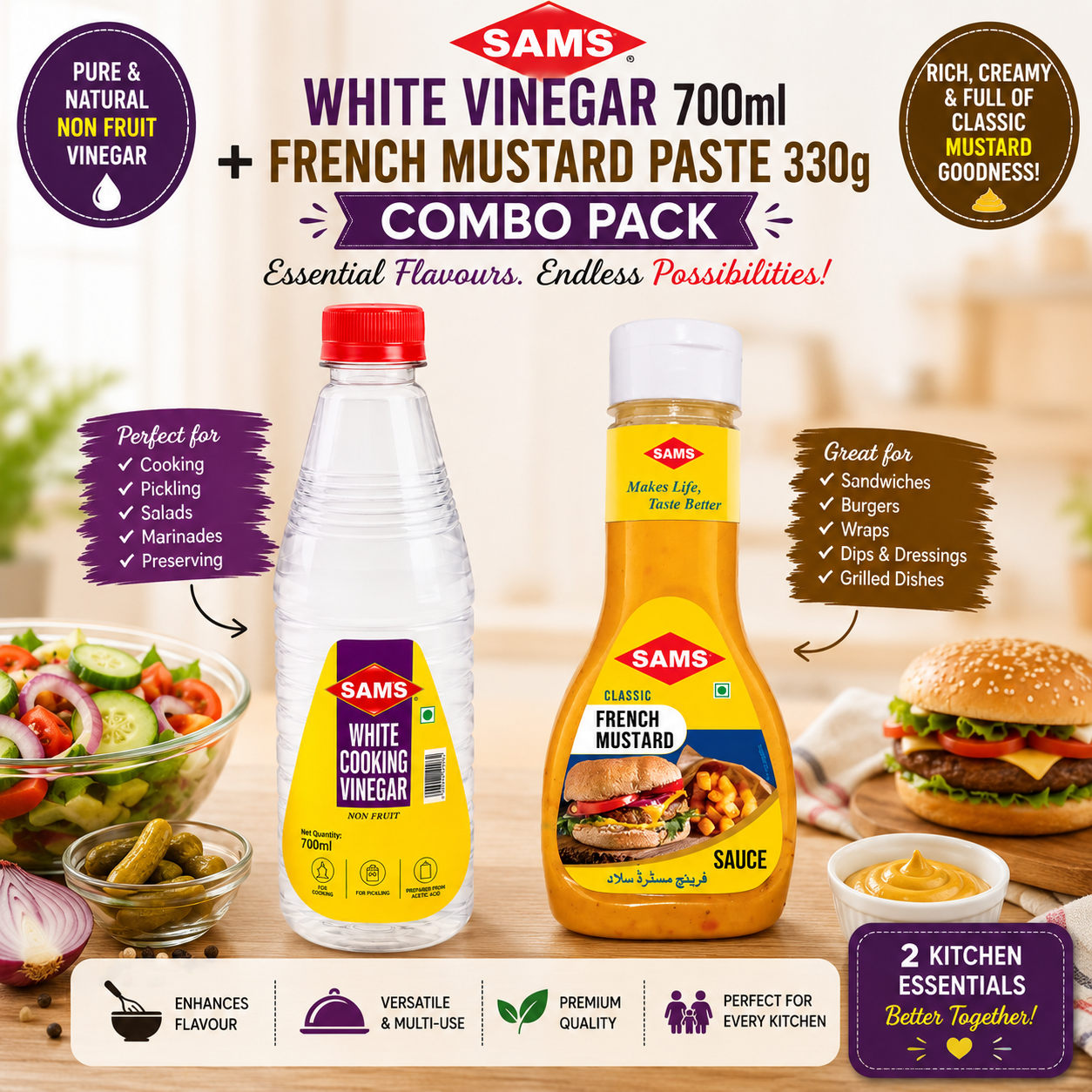 SAMS White Vinegar 700ml + French Mustard Paste 330g Combo | Cooking, Marinade & Dressing Essentials