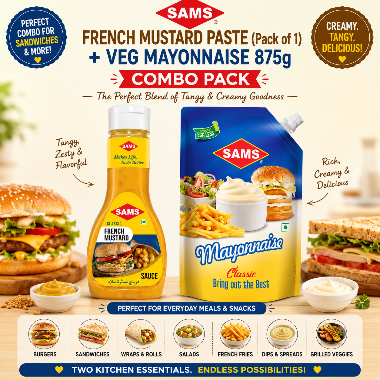 Sams French Mustard Paste (Pack of 1) + Veg Mayonnaise 875g Combo | Creamy Eggless Mayo & Tangy Mustard Spread | Sandwich & Burger Value Pack