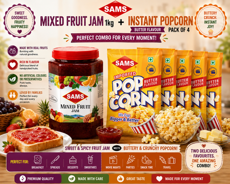 SAMS Mixed Fruit Jam 1kg + Instant Butter Popcorn (Pack of 4) Combo Pack | Sweet Breakfast & Movie Snack Combo