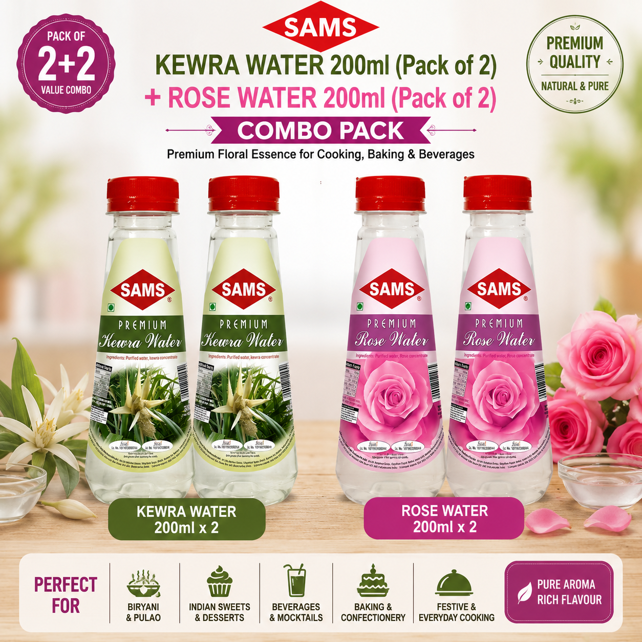 Sams Kewra Water 200ml (Pack of 2) + Rose Water 200ml (Pack of 2) Combo | Premium Floral Essence for Cooking, Baking & BeveragesSams Kewra Water 200ml (Pack of 2) + Rose Water 200ml (Pack of 2) Combo | Premium Floral Essence for Cooking, Baking
