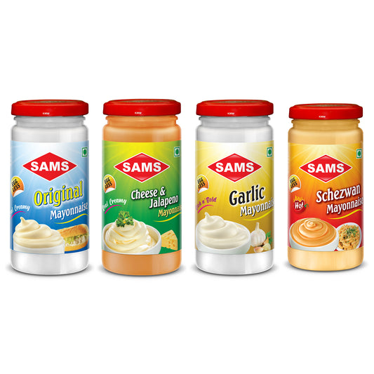 Sams 250g Veg Mayonnaise, 250g Garlic Mayonnaise, 250g Cheese Jalapeno Mayonnaise and 250g Schezwan Mayonnaise Spreads and Dips, Thick Mayo for Daily Use, Veg