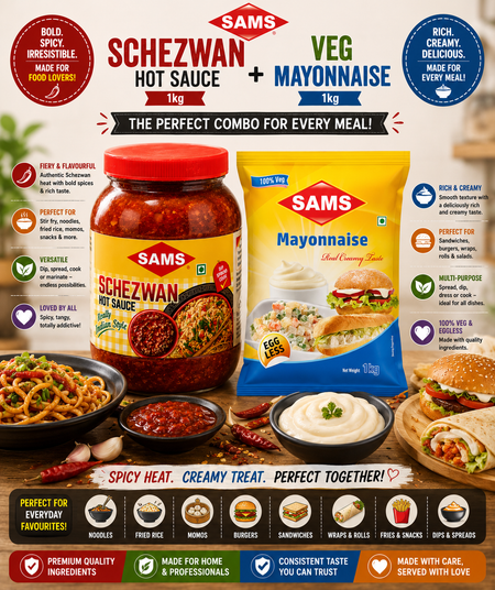 SAMS Schezwan Hot Sauce 1kg + Veg Mayonnaise 1kg Combo Pack | Spicy & Creamy Dip, Spread & Cooking Sauce
