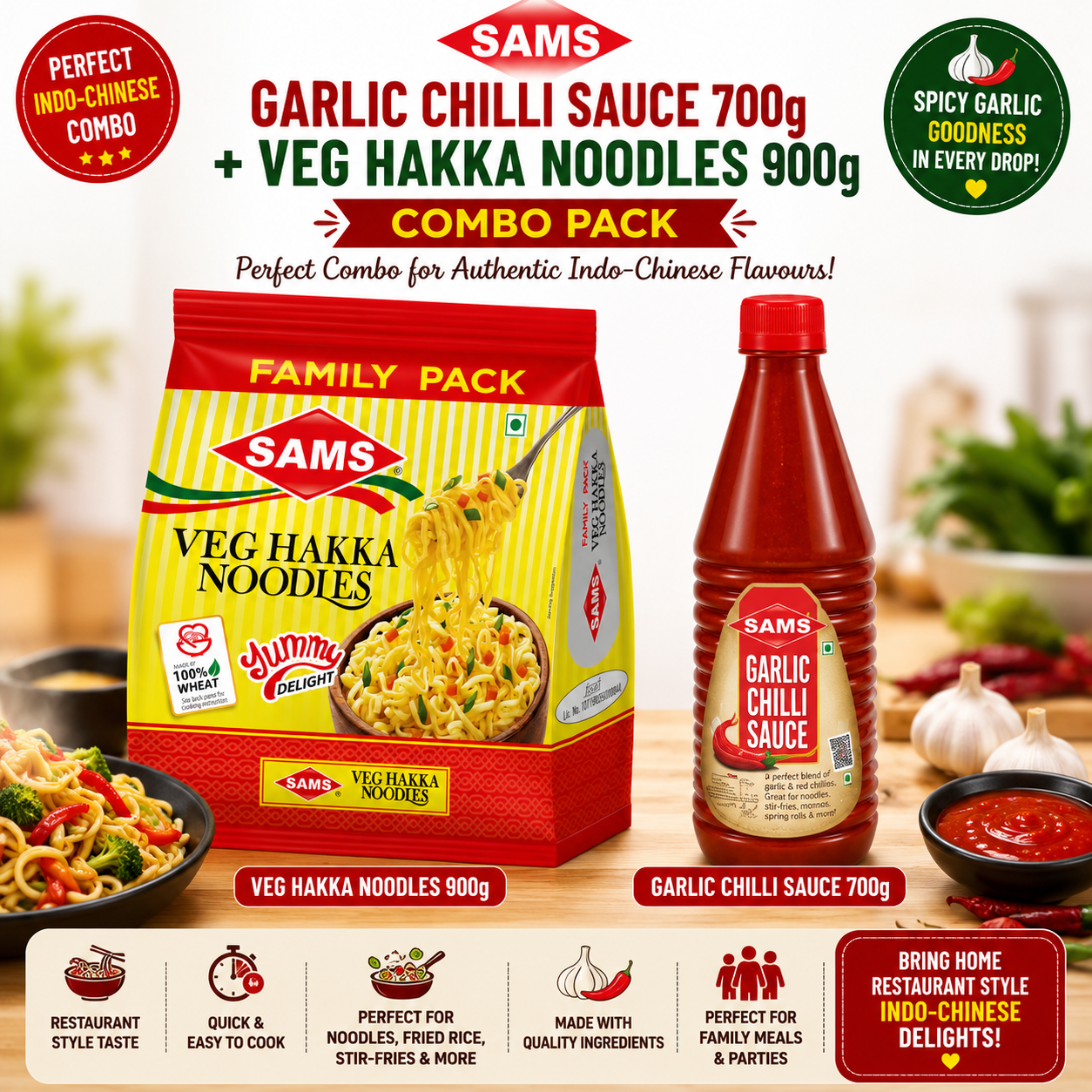 Sams Garlic Chilli Sauce 700g + Veg Hakka Noodles 900g Combo | Spicy Garlic Chilli Sauce & Restaurant-Style Hakka Noodles | Family Value Pack