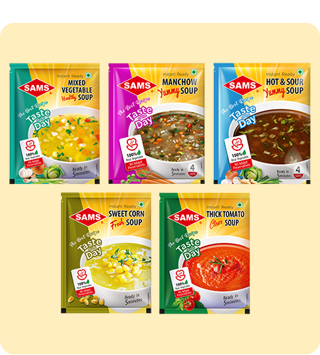 SAMS Instant Ready Soup Variety Pack, Mixed Vegetable, Manchow, Hot & Sour, Sweet Corn, Tomato, 100% Vegetarian, No Added Preservatives, Ready in 5 Minutes