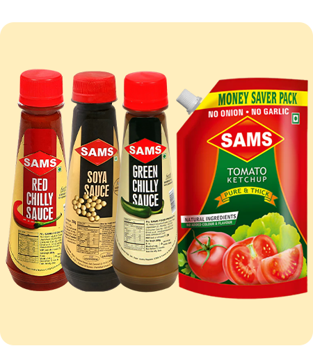 Sams Pure & Thick Tomato Ketchup 1kg with red chilly, Green chilly Soya Sauce 100g.