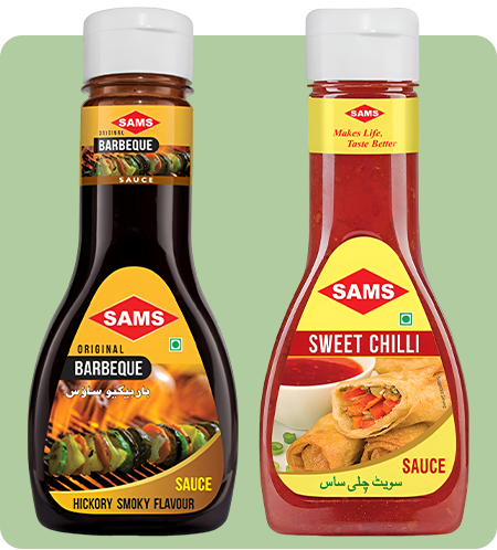 Sams Barbeque Sauce 325g and Sweet Chilly Sauce 380g Gourmet Sauces for Adding Taste and Flavour to Home Cooked Meals, Veg