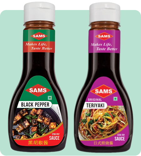 Sams Teriyaki Sauce 360g and Black Pepper Sauce 300g Gourmet Sauces for Adding Taste and Flavour to Home Cooked Meals, Veg