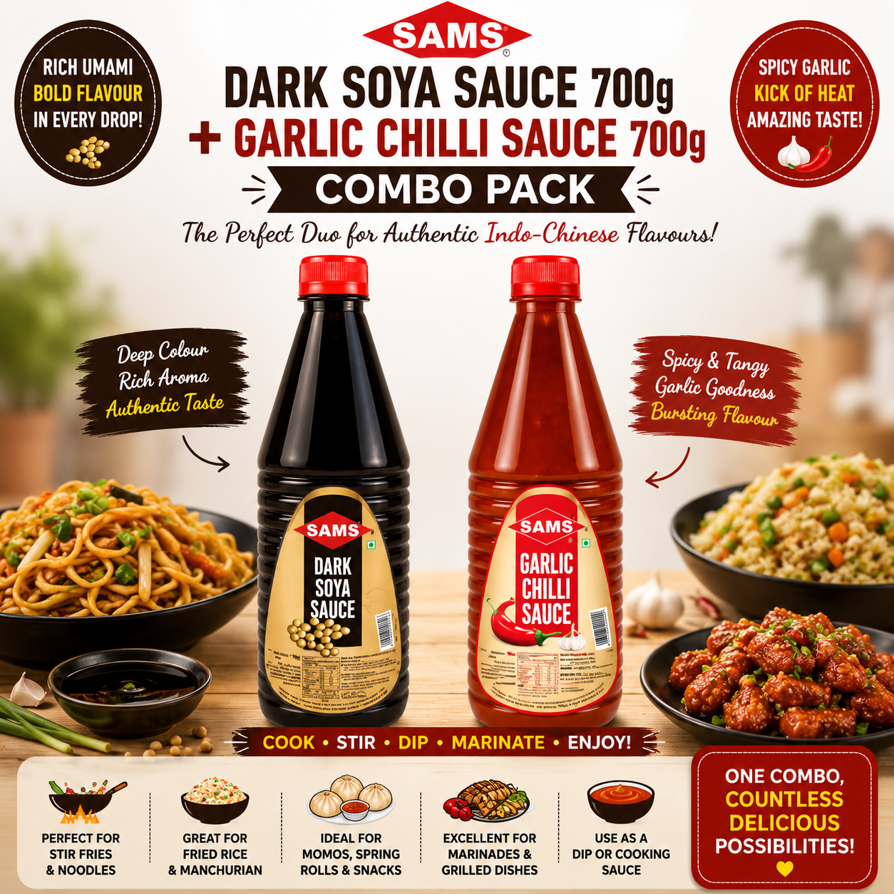 Sams Dark Soya Sauce 700g + Garlic Chilli Sauce 700g Combo | Authentic Indo-Chinese Cooking Sauce Pack | Stir Fry & Marinade Value Combo