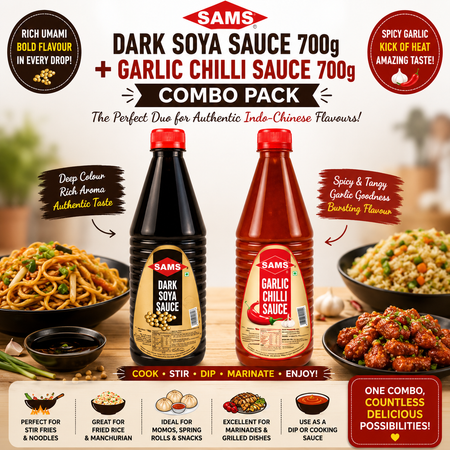 Sams Dark Soya Sauce 700g + Garlic Chilli Sauce 700g Combo | Authentic Indo-Chinese Cooking Sauce Pack | Stir Fry & Marinade Value Combo