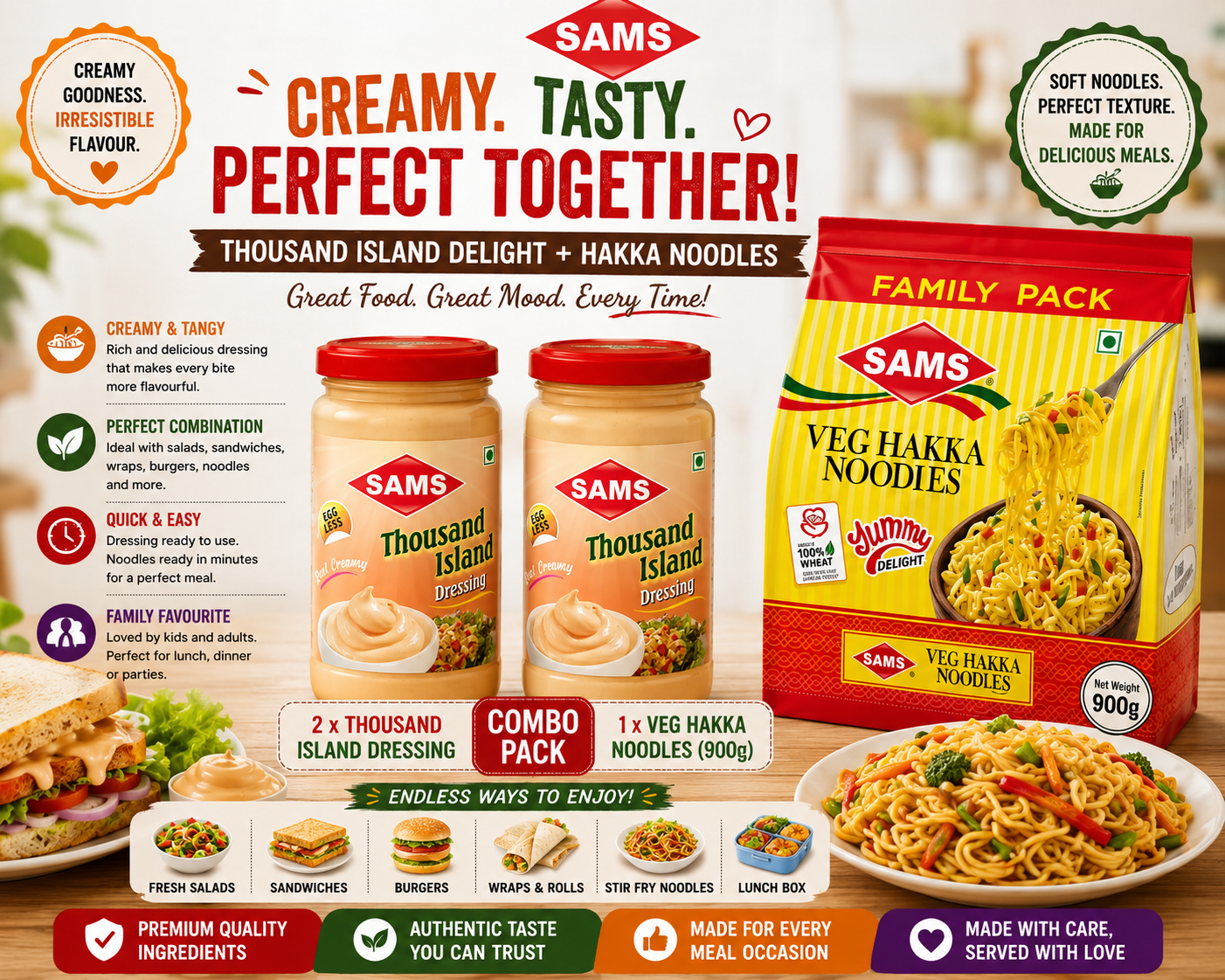 SAMS Thousand Island Dressing (Pack of 2) + Veg Hakka Noodles 900g Combo | Creamy Dressing & Family Pack Noodles | Perfect for Salads, Wraps & Asian Meals