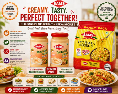 SAMS Thousand Island Dressing (Pack of 2) + Veg Hakka Noodles 900g Combo | Creamy Dressing & Family Pack Noodles | Perfect for Salads, Wraps & Asian Meals