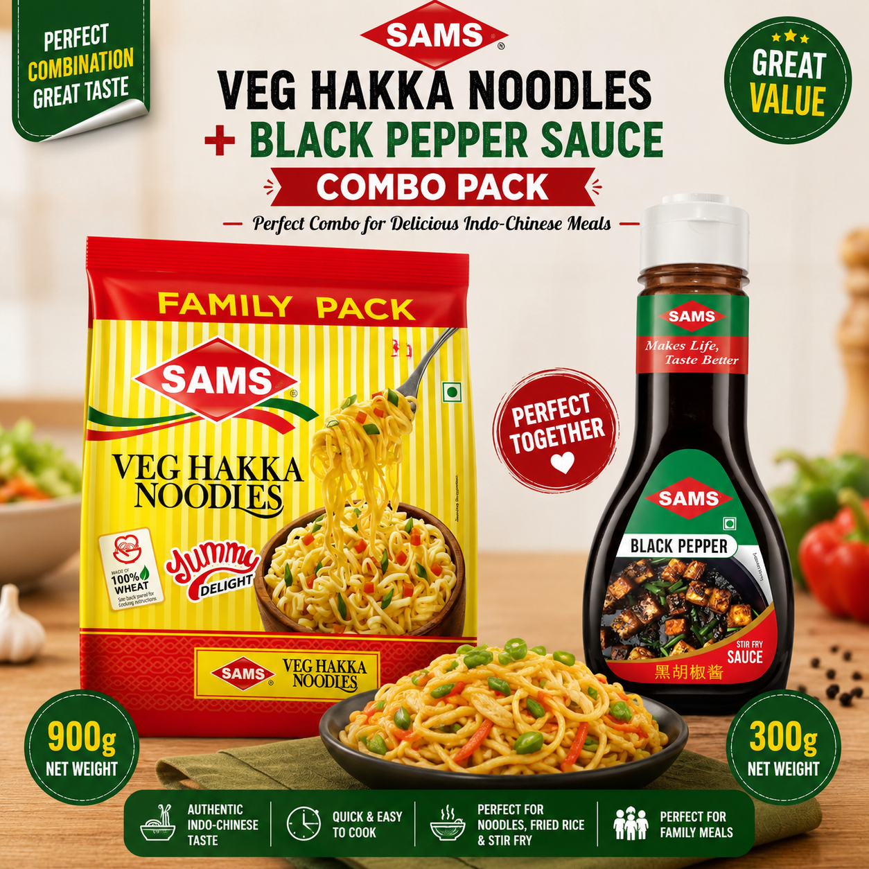 Sams Veg Hakka Noodles 900g + Black Pepper Sauce 300g Combo | Restaurant Style Noodles & Pepper Sauce | Value Pack