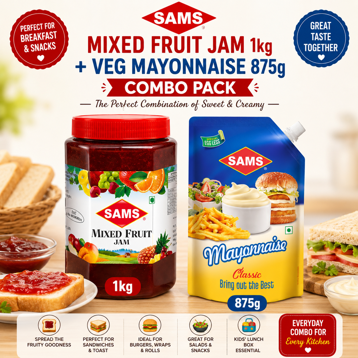 Sams Mixed Fruit Jam 1kg + Veg Mayonnaise 875g Combo | Fruity Jam & Creamy Eggless Mayo | Breakfast & Snack Value Pack