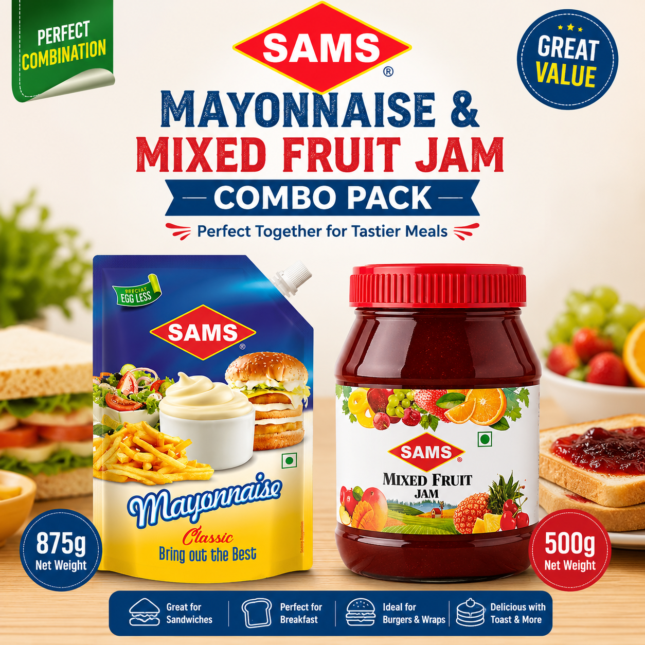 Sams Veg Mayonnaise 875g + Mixed Fruit Jam 500g | Creamy Mayo & Delicious Fruit Spread Combo | Value Pack