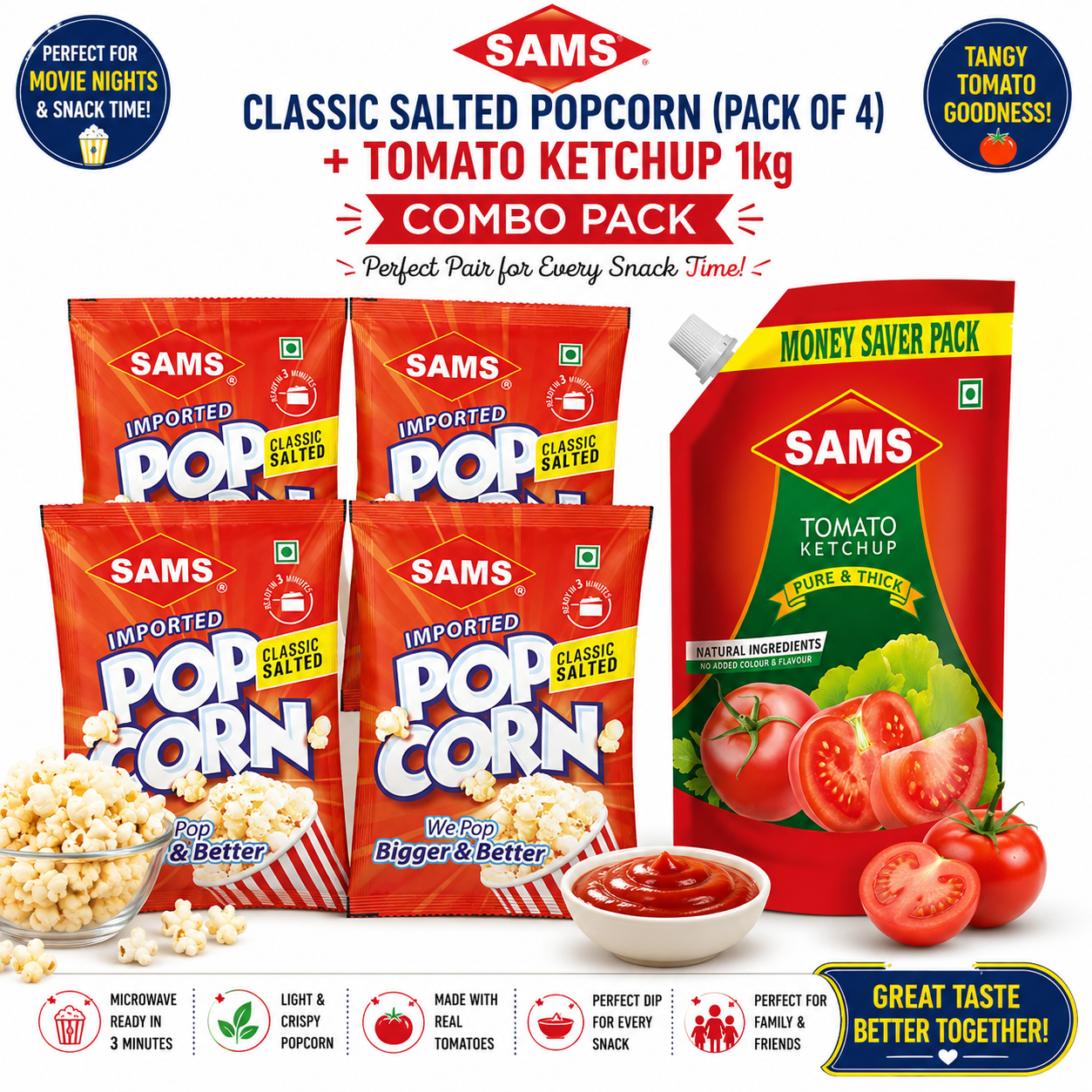 Sams Tomato Ketchup 1kg + Instant Salted Popcorn (4 Pack) Combo | Tangy Tomato Ketchup & Ready-to-Make Microwave Popcorn | Snack Value Pack