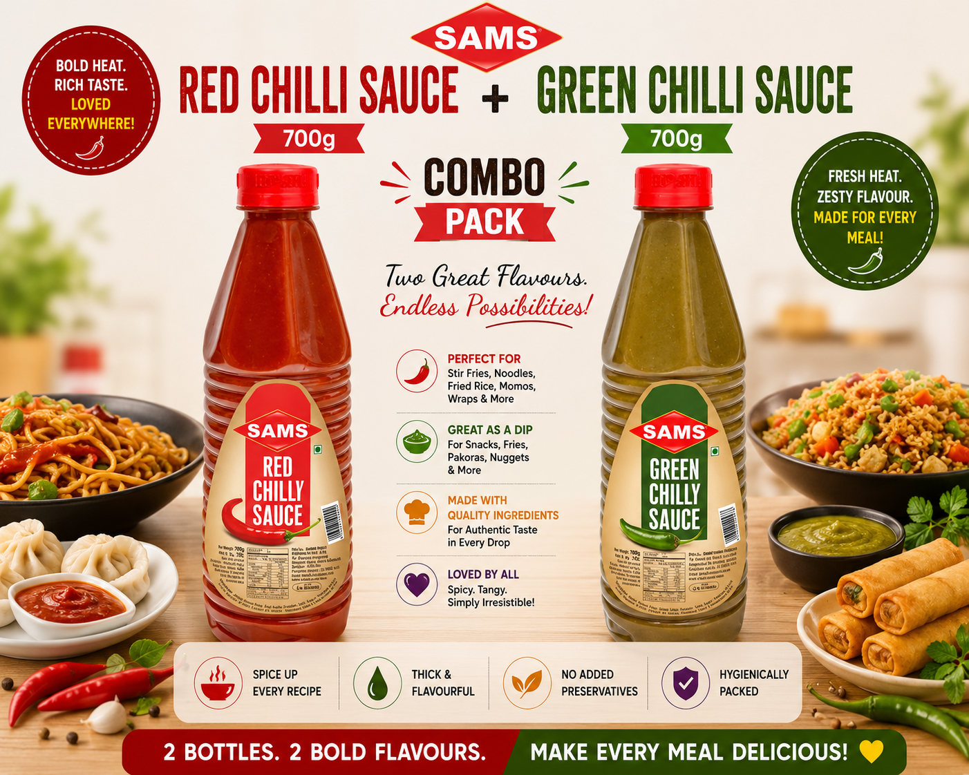 SAMS Red Chilli Sauce 700g + Green Chilli Sauce 700g Combo Pack | Spicy Cooking & Dipping Sauce Set |