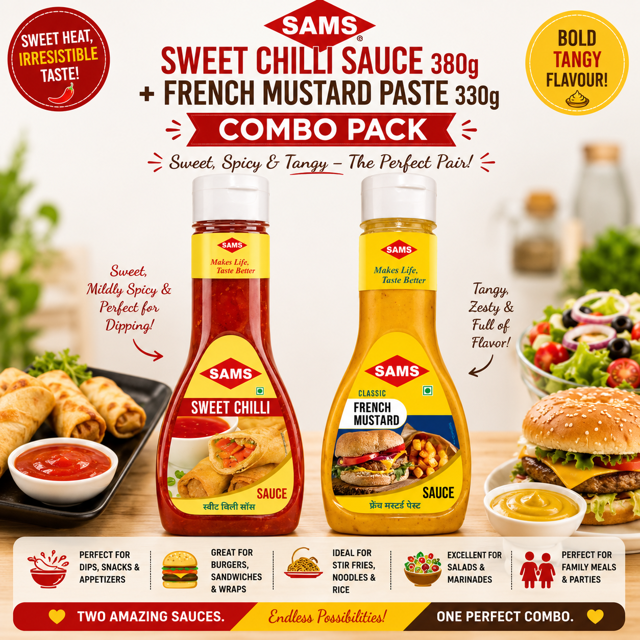 Sams Sweet Chilli Sauce 380g + French Mustard Paste 330g Combo | Sweet & Spicy Chilli Sauce with Classic French Mustard | Gourmet Sauce Value Pack