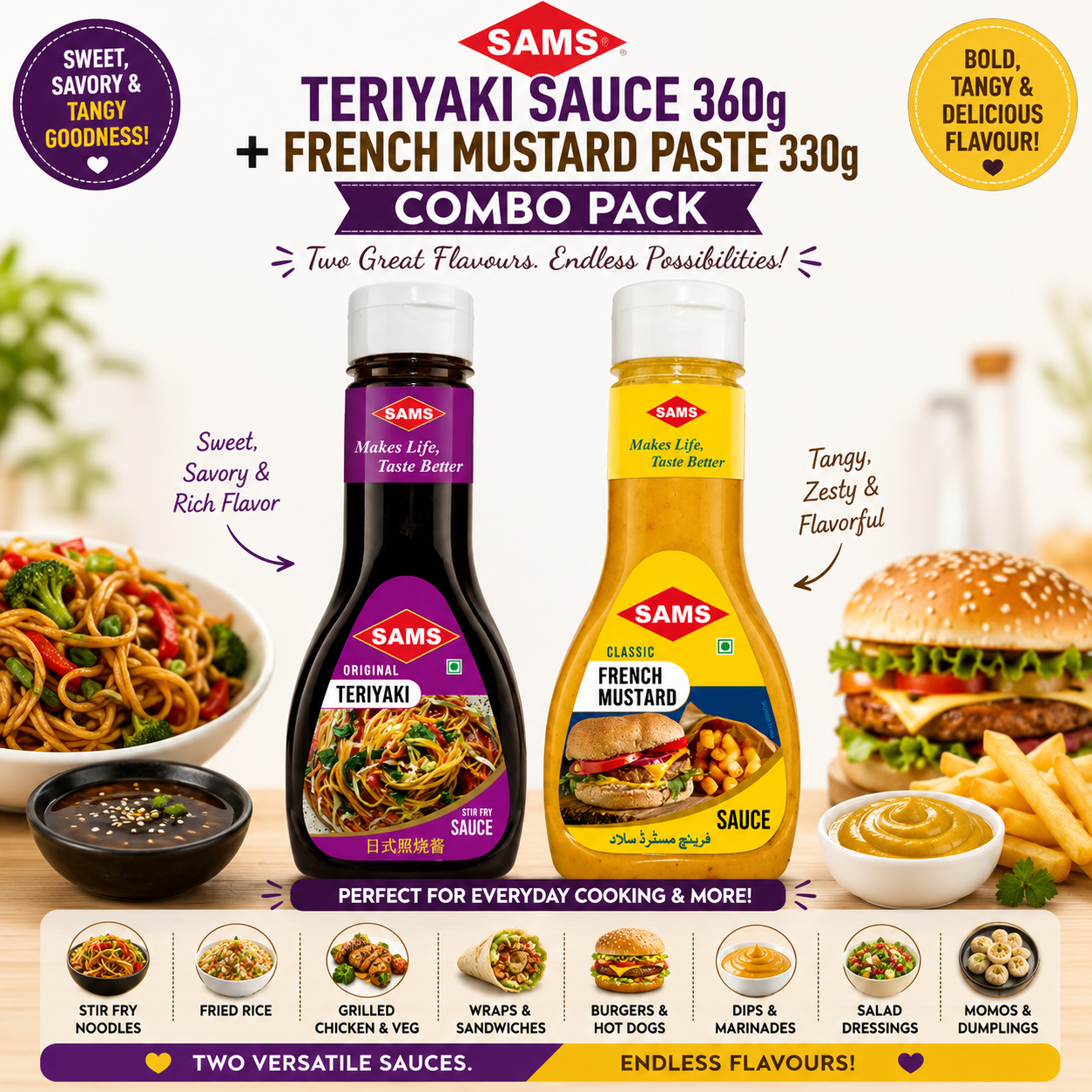 Sams Teriyaki Sauce 360g + French Mustard Paste 330g Combo | Sweet & Savory Teriyaki Sauce with Tangy Mustard | Gourmet Cooking Value Pack
