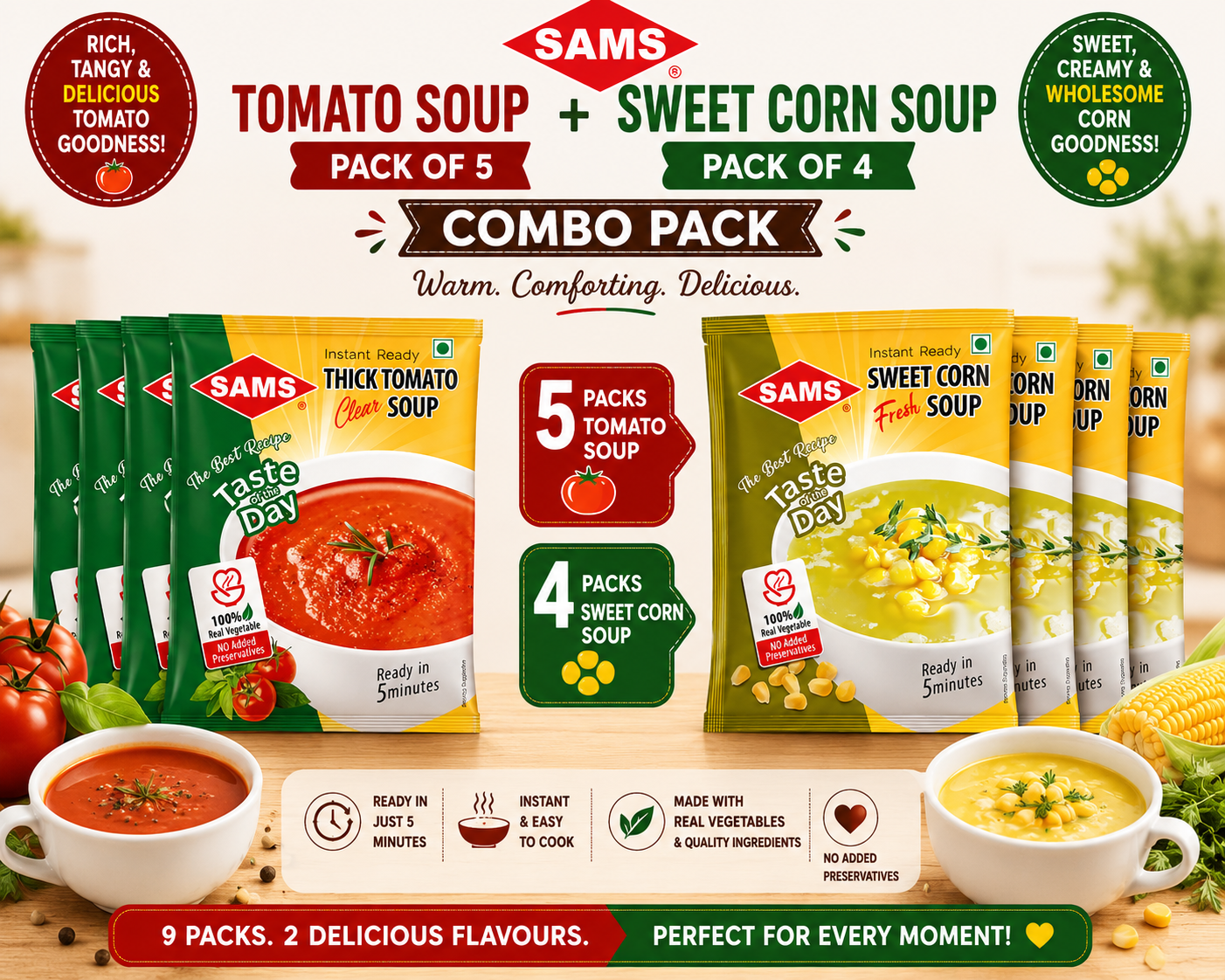 SAMS Tomato Soup (Pack of 4) + Sweet Corn Soup (Pack of 5) | Instant Ready-to-Cook Soup Combo | 9 Pack