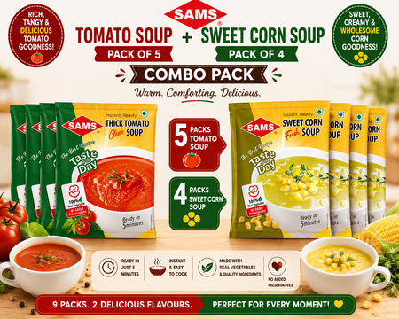 SAMS Tomato Soup (Pack of 4) + Sweet Corn Soup (Pack of 5) | Instant Ready-to-Cook Soup Combo | 9 Pack