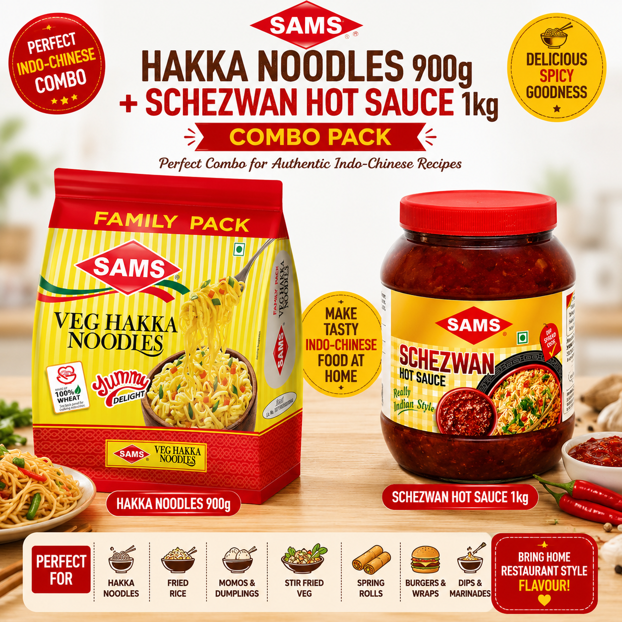 Sams Veg Hakka Noodles 900g + Schezwan Hot Sauce 1kg Combo | Restaurant-Style Indo-Chinese Noodles & Spicy Schezwan Sauce | Value Pack